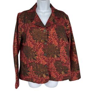 Chico's Red & Gold Floral Jacquard Blazer With Ornate Metal Buttons Size 2 US L